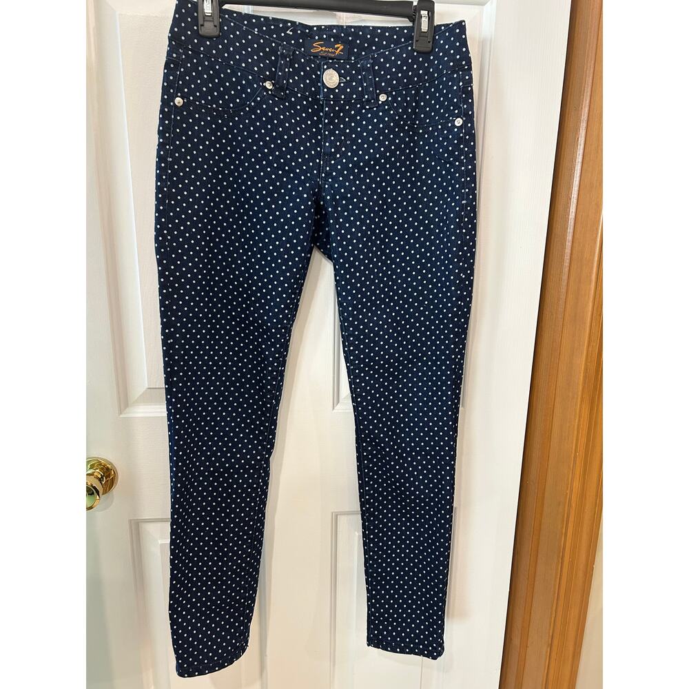 Seven 7 navy blue white polka dot skinny leg 5 pocket jean